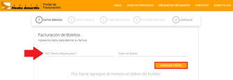 Especifica el RFC del cliente y el Token del boleto de compra