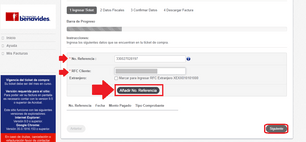 Introduce el No. Referencia del ticket y el RFC del cliente